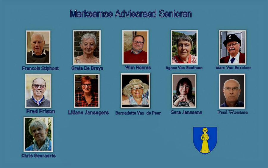 Collage met foto's van de leden van de Merksemse adviesraad voor senioren.